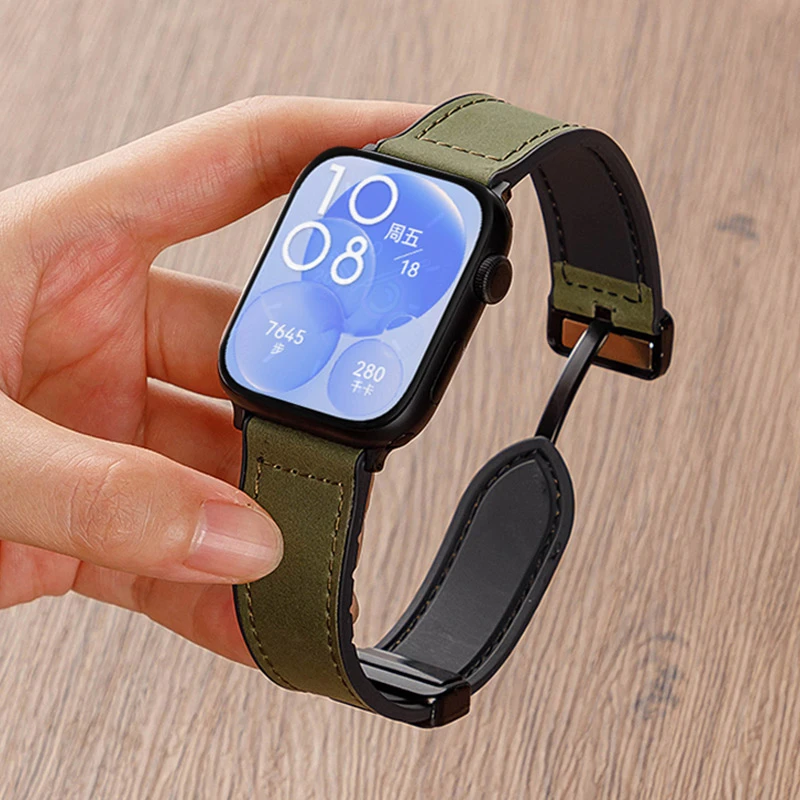 适用华为FIT3表带watchfit3手表带真皮磁吸腕带疯马纹透气男女款