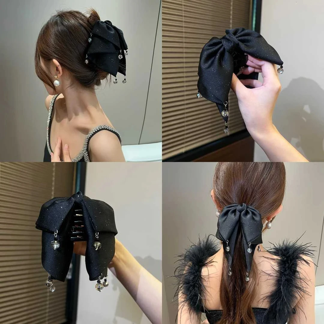 气质法式多层缎面带挂坠蝴蝶结抓夹女黑色复古百搭马尾夹发饰头饰