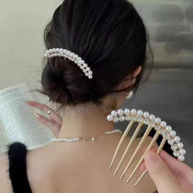 高级插梳韩版珠珠水钻发梳新娘盘发发夹插针饰品夹小发簪卡子古风