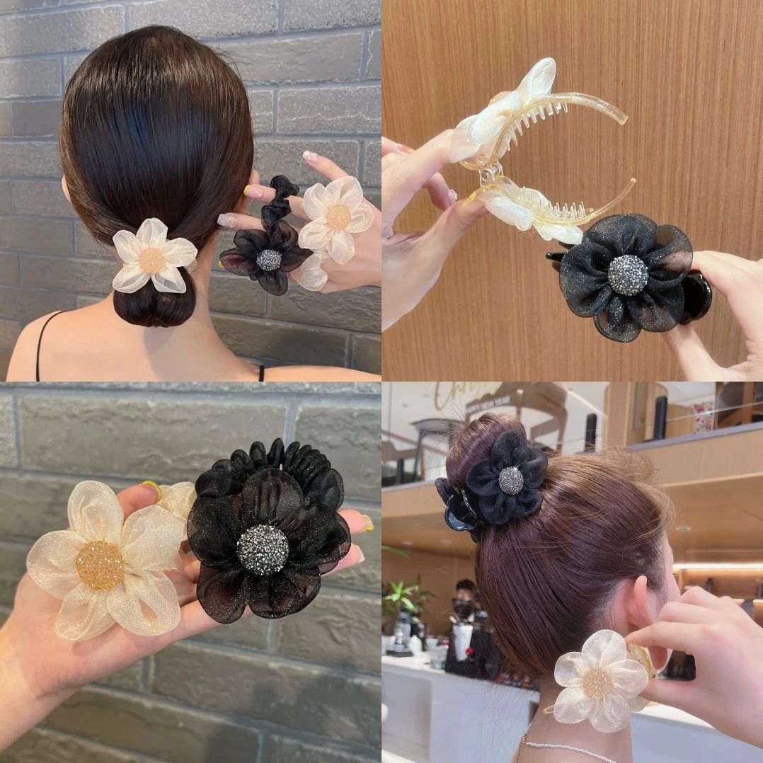 非金属布艺发饰韩版优雅网纱太阳花发圈气质马尾丸子头发圈花苞头