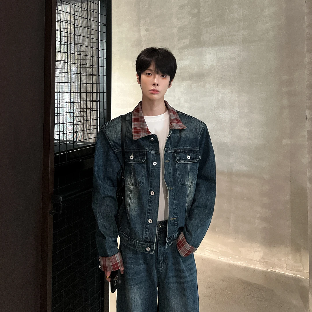 高林凡 韩版休闲复古格纹翻领拼接牛仔外套宽松水洗百搭套装
