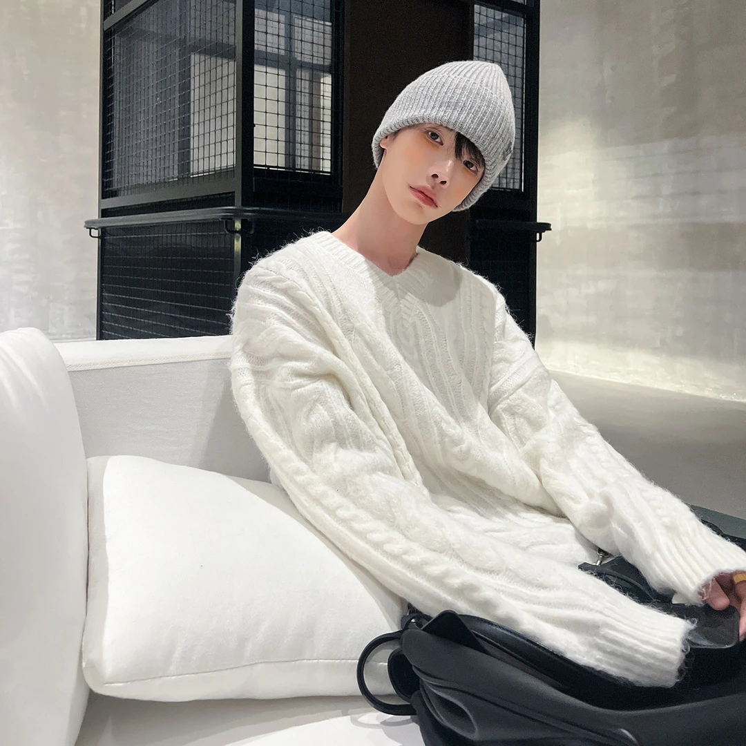 高林凡 百搭韩版休闲宽松重磅加厚高级感v领针织衫男宽松纯色毛衣