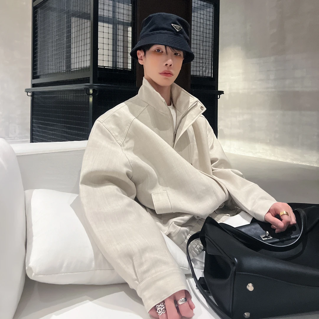 高林凡 韩版纯色立领夹克外套男秋季潮流设计感宽松休闲开衫