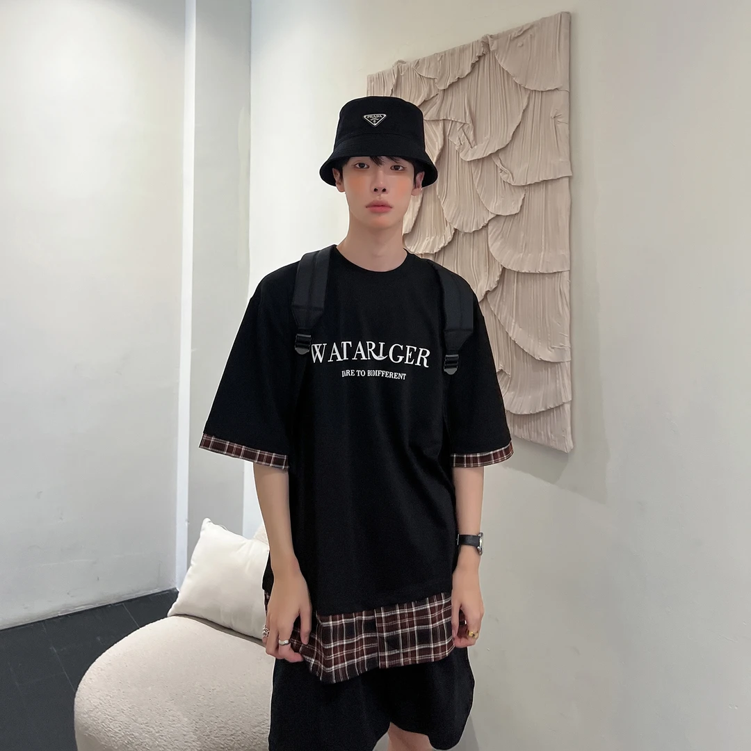 高林凡 韩版假两件短袖T恤男女宽松小众设计感夏轻薄慵懒风上衣