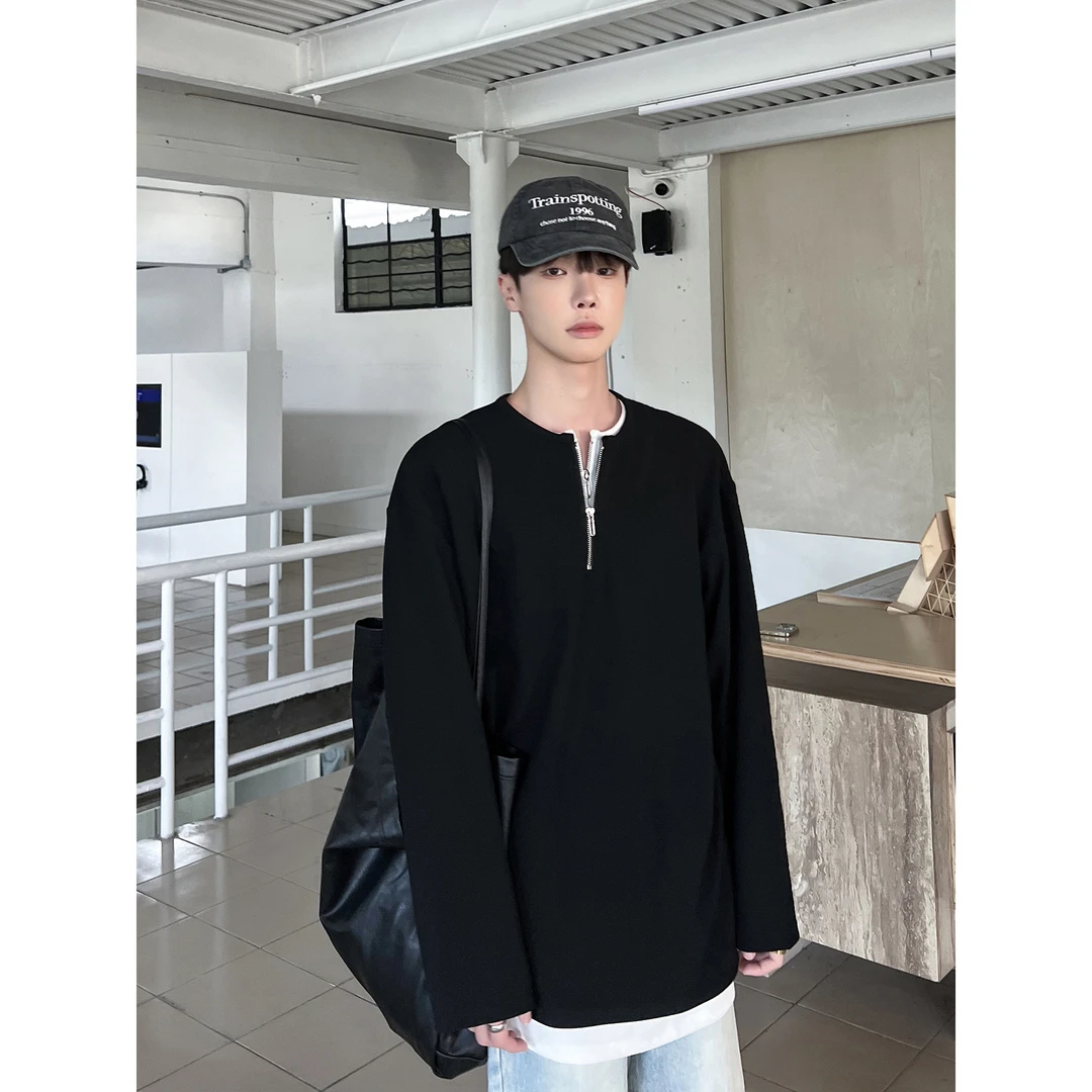 高林凡 春夏不会炎热的一件V领假两件设计感双拉链长袖T恤男韩系