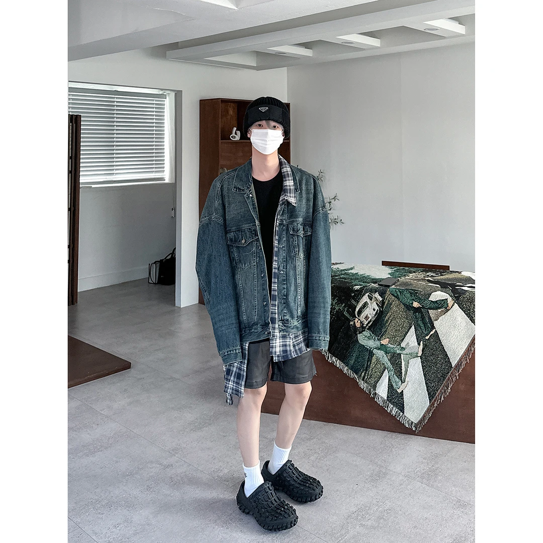 高林凡 休闲百搭假两件牛仔拼接格子衬衣外套男做旧牛仔夹克韩版