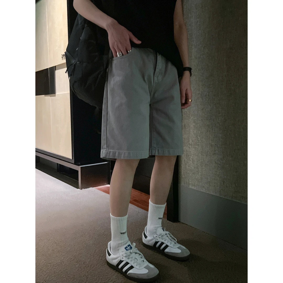 高林凡 复古灰色/卡其色牛仔短裤男夏季薄款水洗做旧五分裤松紧腰
