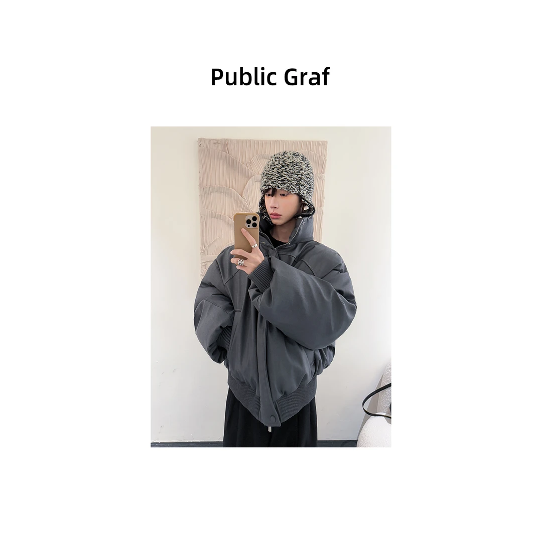 高林凡 百搭设计款高领夹克短款棉服冬季加厚廓形面包服棉衣男