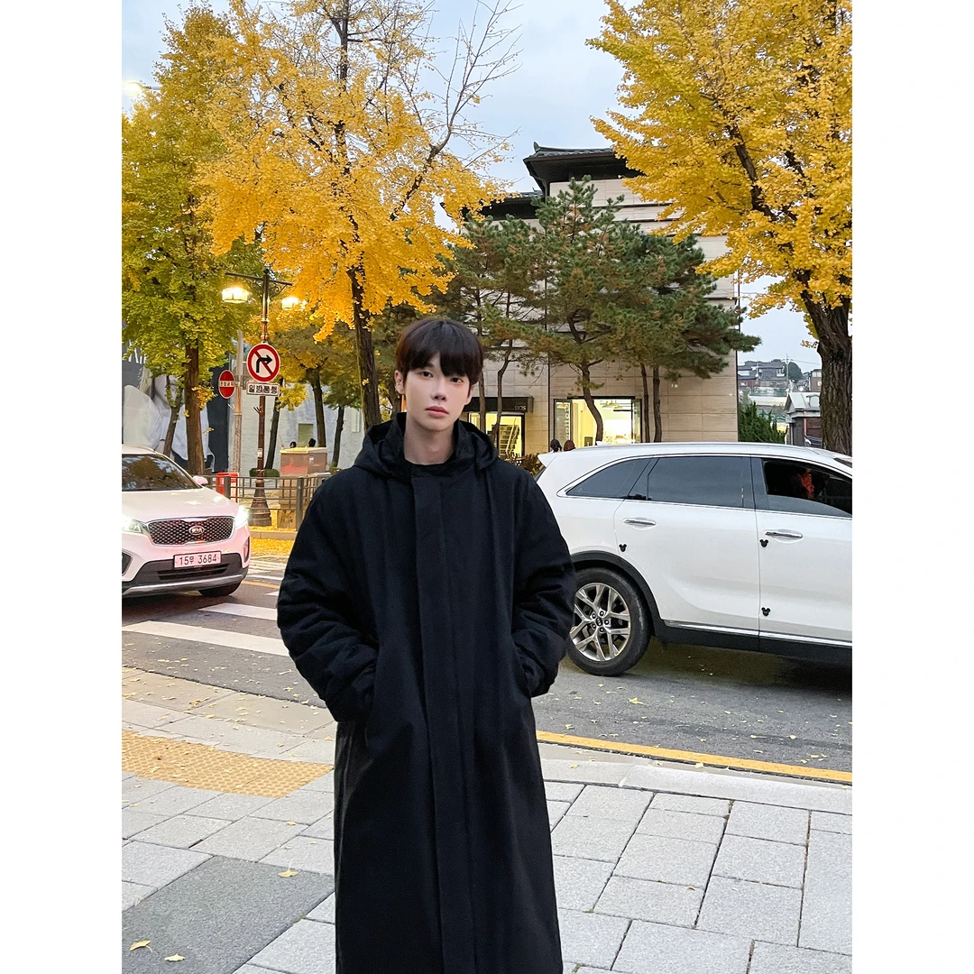 高林凡 秋冬韩系复古改良款过冬工装中长款连帽棉服外套男保暖