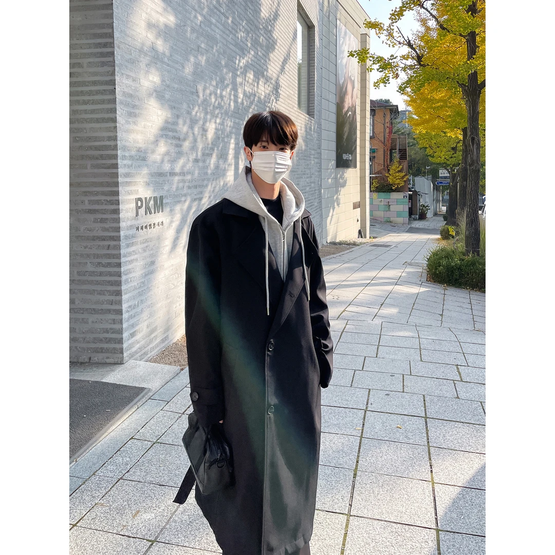 高林凡 韩风劲十足的一件假两件连帽过膝中长款风衣大衣慵懒风