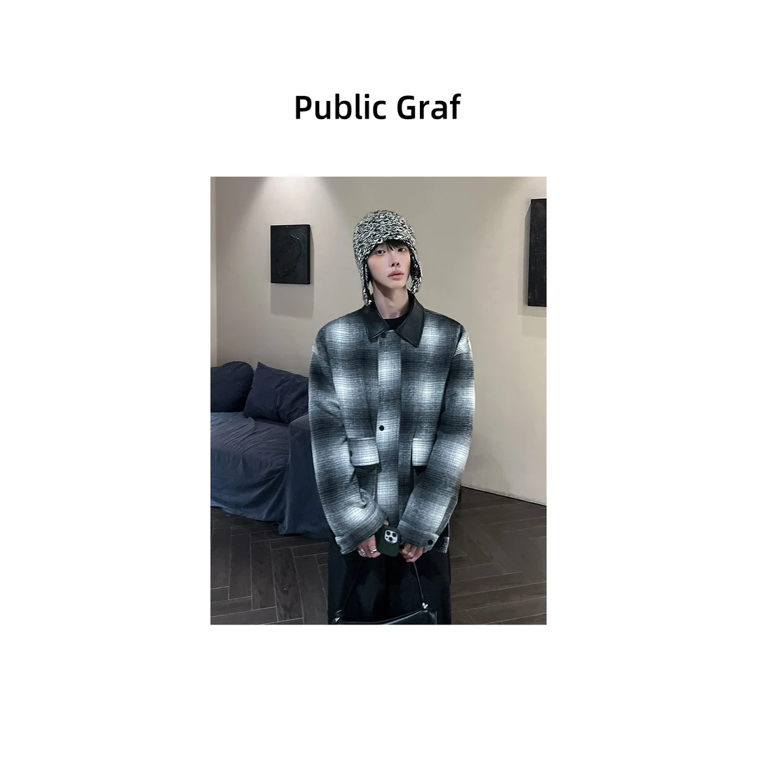 高林凡 拼接撞色高级感格纹毛呢外套男女休闲宽松百搭翻领夹克