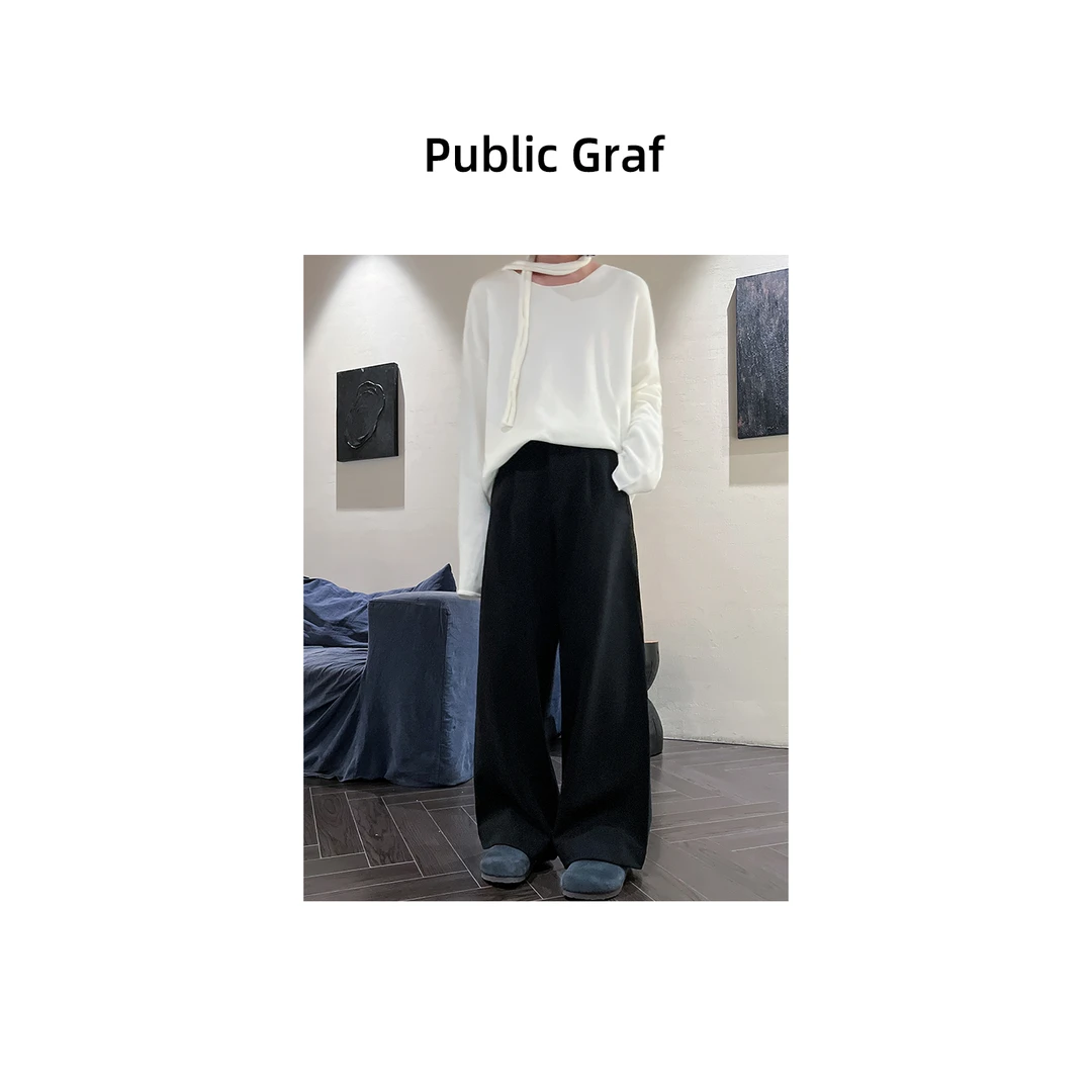 高林凡 秋冬韩系百搭纯色加厚裤直筒宽松通勤简约休闲阔腿拖地裤