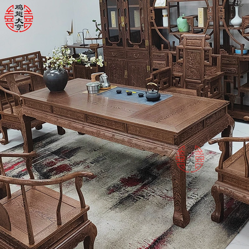 红木家具鸡翅木至尊弯腿茶桌干泡茶桌茶室茶艺桌仿古大泡茶台