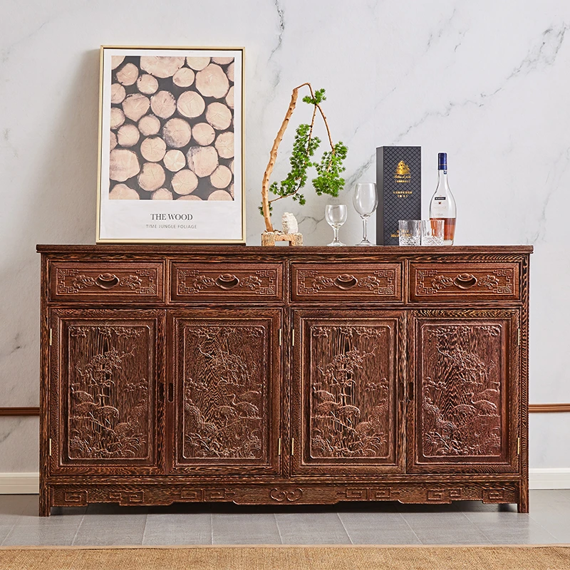 红木鸡翅木2/3/4门餐边柜中式雕刻碗柜仿古储物柜