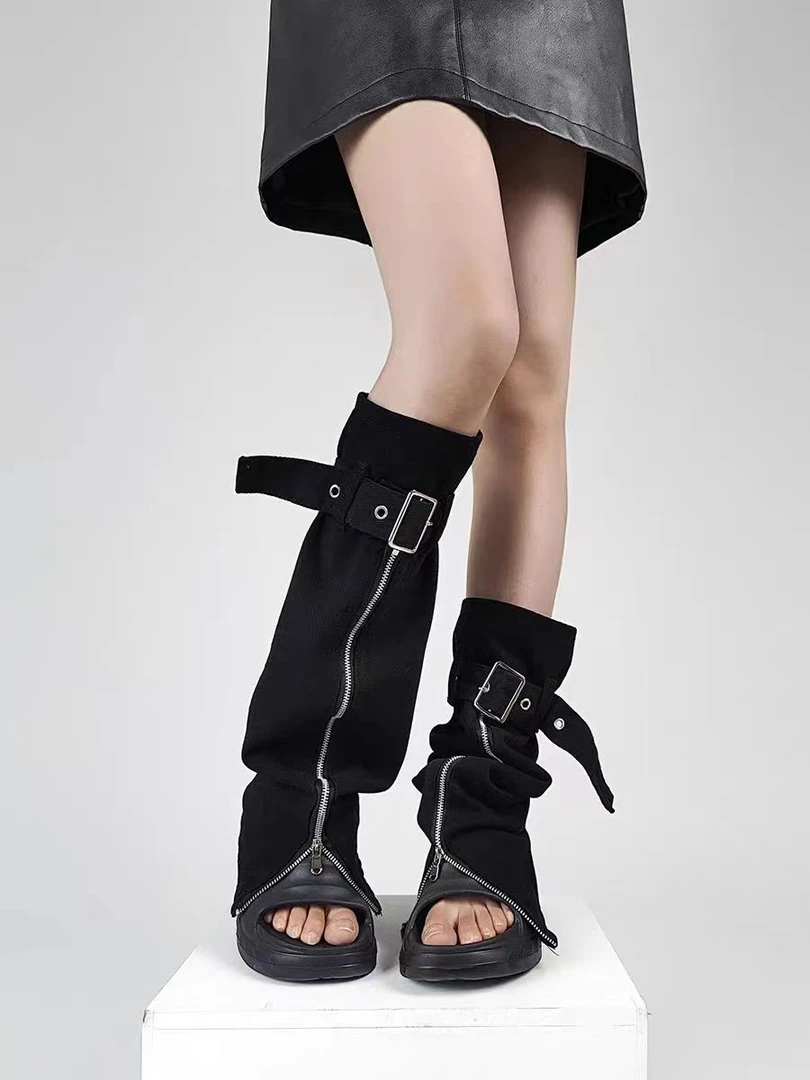 新款潮流辣妹牛仔腿套拉链调节扣设计黑色朋克机能风瘦腿袜套网红