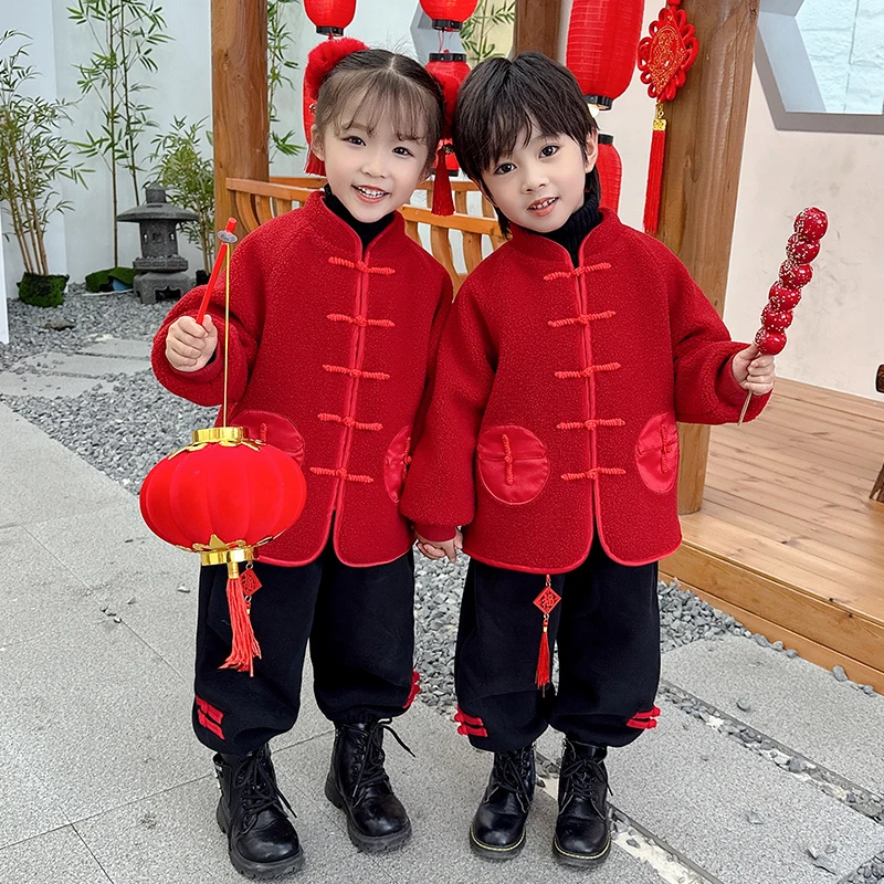 男女童年服套装中国风加绒两件套元旦表演服红色加厚拜年服宝宝潮