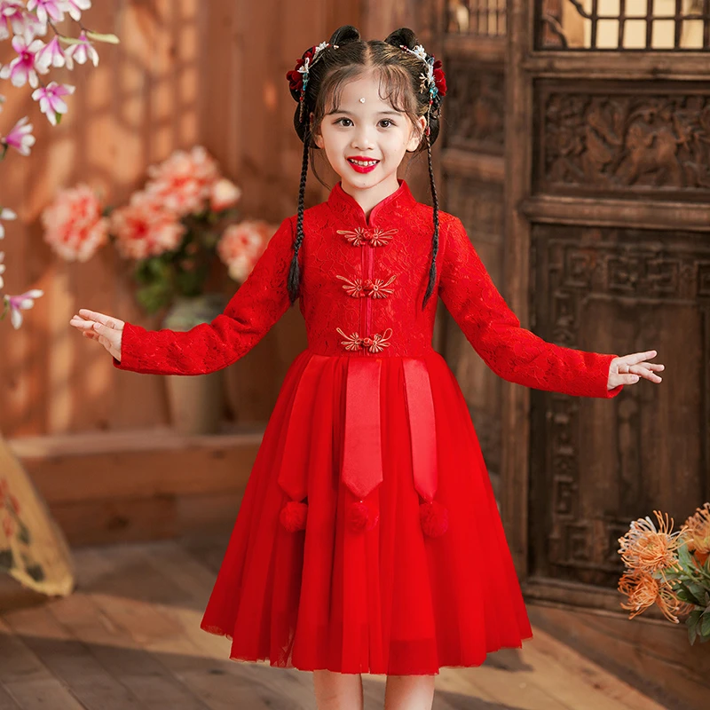 儿童春秋连衣裙2025新款洋气女童演出服公主裙小女孩唐装拜年服冬