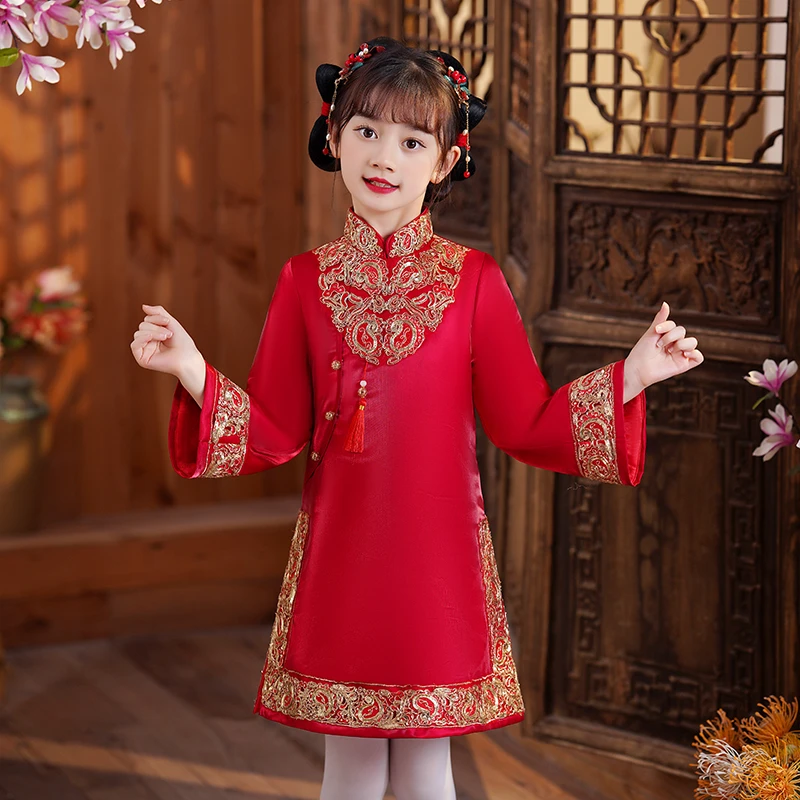 女童旗袍冬季加厚唐装连衣裙中国风古风公主裙宝宝过年新年装超仙