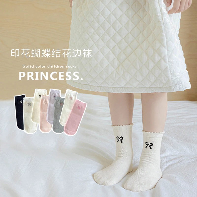 【24新款上新】儿童袜子冬款棉袜女棉袜中筒袜韩系纯色花边公主袜