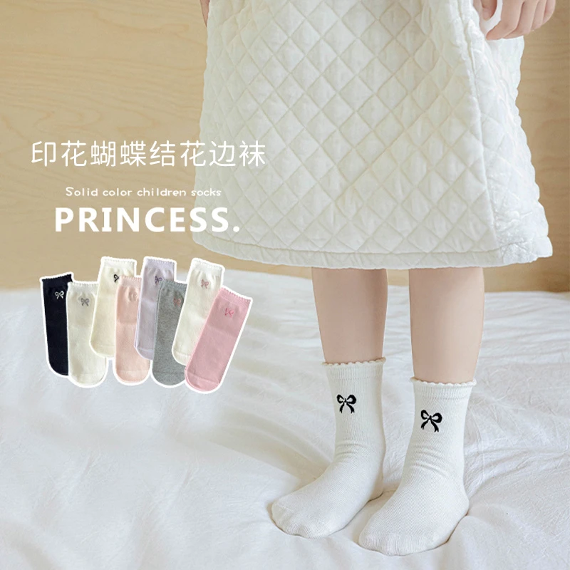 【蝴蝶结】儿童袜子秋季女棉袜中筒袜韩系纯色花边公主袜