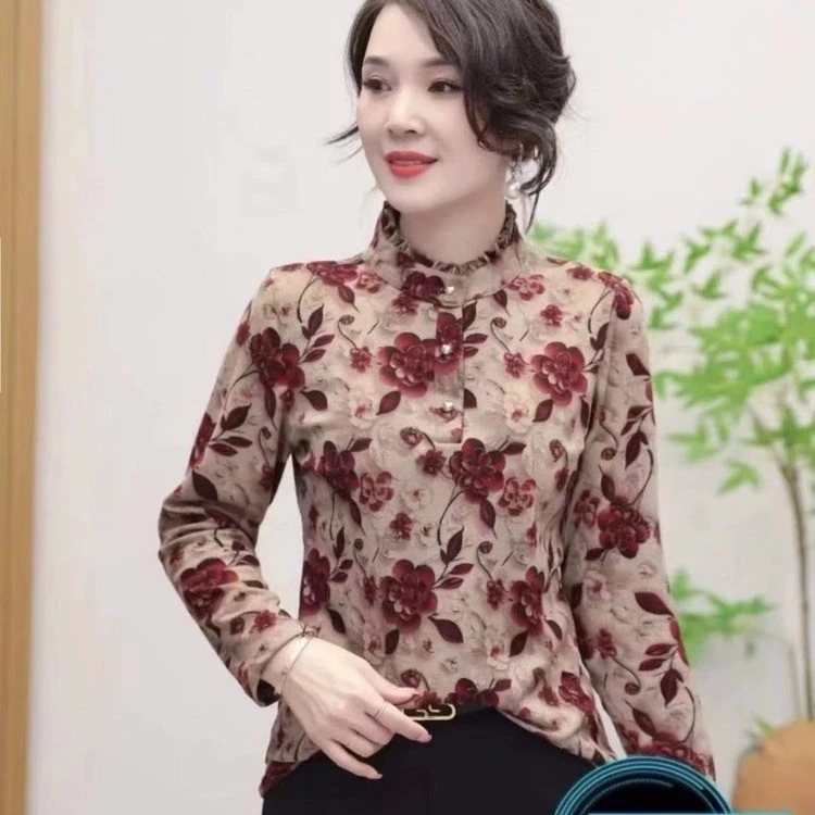 新款妈妈长袖上衣40岁50时尚立领打底衫中年女装秋冬T恤小衫
