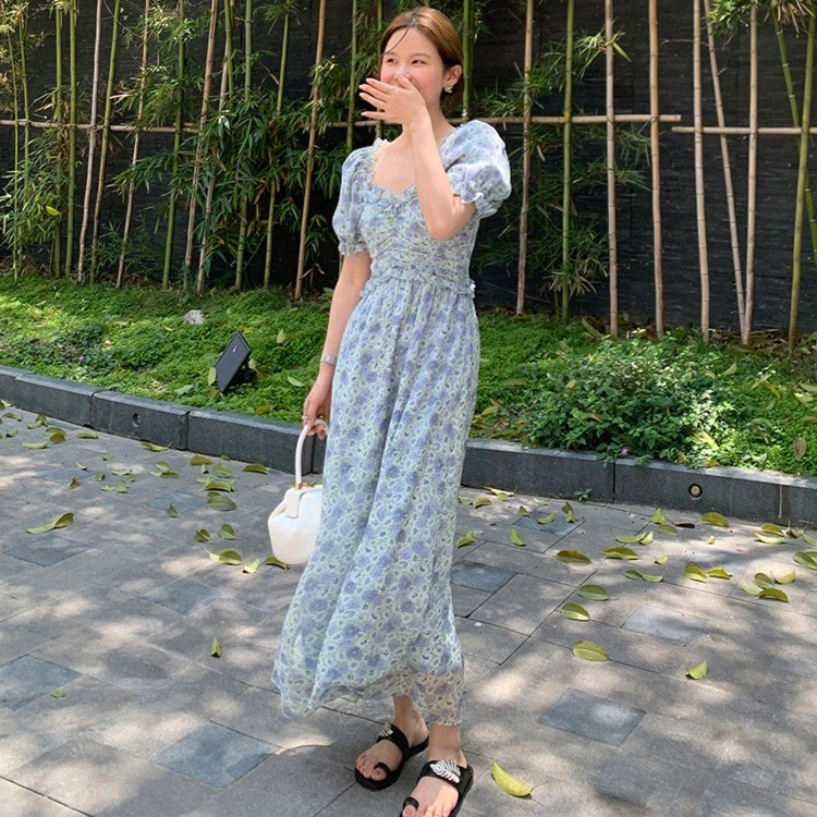 WXLSTUDIO 英式贵族蓝_泡泡袖褶皱碎花连衣裙