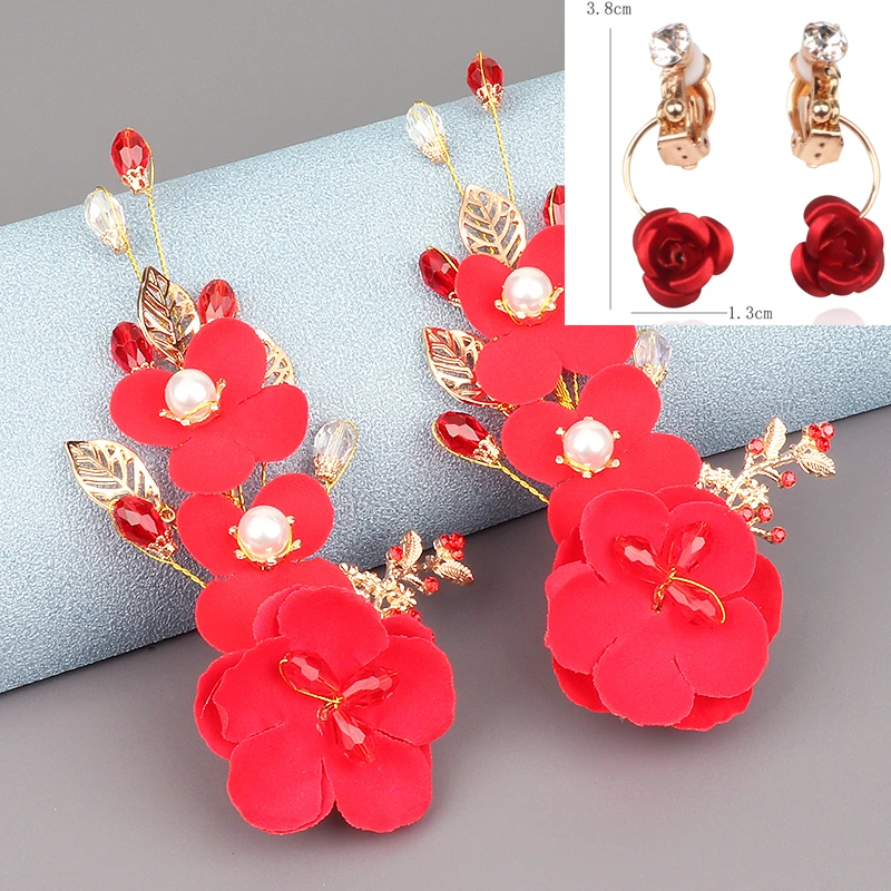 中式红色发饰新娘婚礼仿珍珠花朵发夹喜庆敬酒配饰结婚仙美饰品