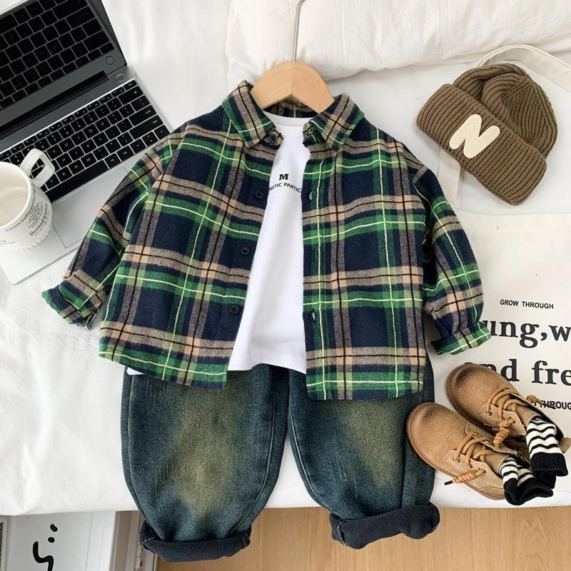 男童长袖衬衫春秋装2025新款儿童春秋洋气格子衬衣中小童帅气上衣