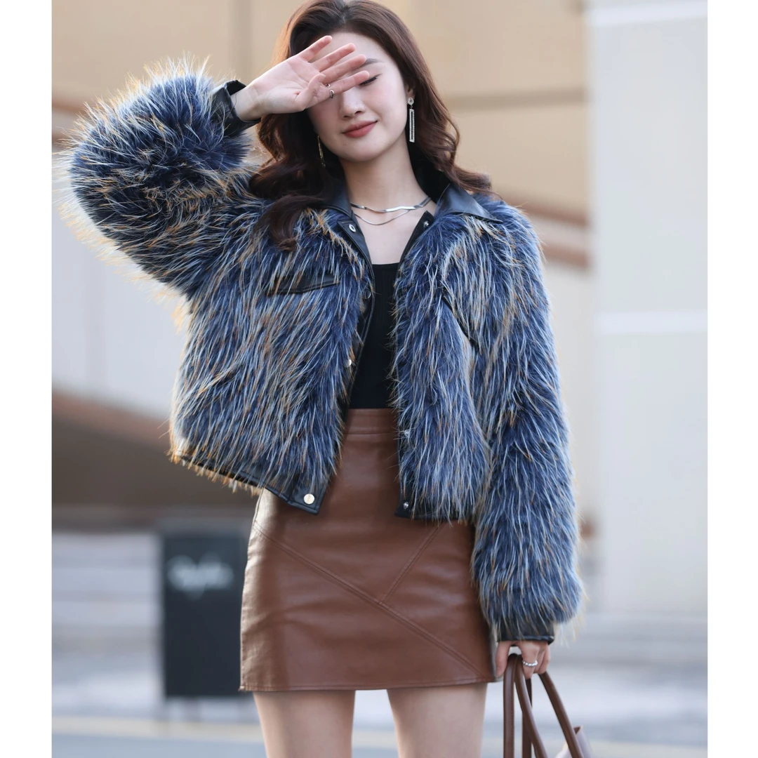 人造皮草 秋冬女士短款满版人造貉子毛时尚显瘦百搭气质外套小众