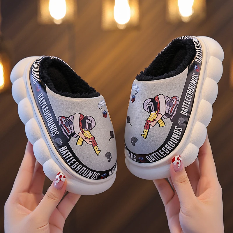 棉拖鞋儿童冬季加绒加厚pu皮防水防滑软底卡通男女宝宝亲子鞋