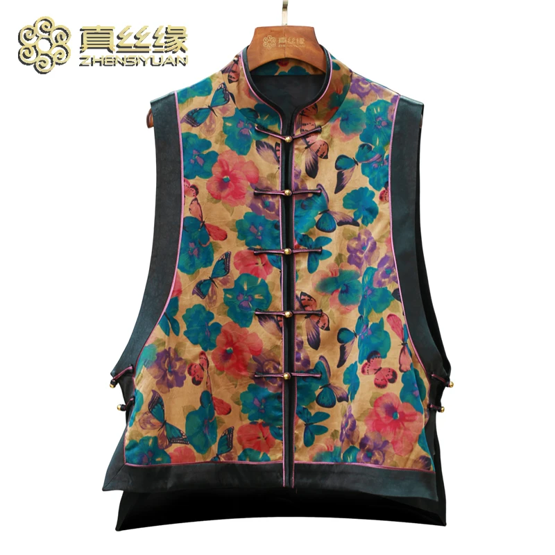 <真丝缘>香云纱桑蚕丝印花拼接新中式中国风马夹时尚妈妈马甲上衣