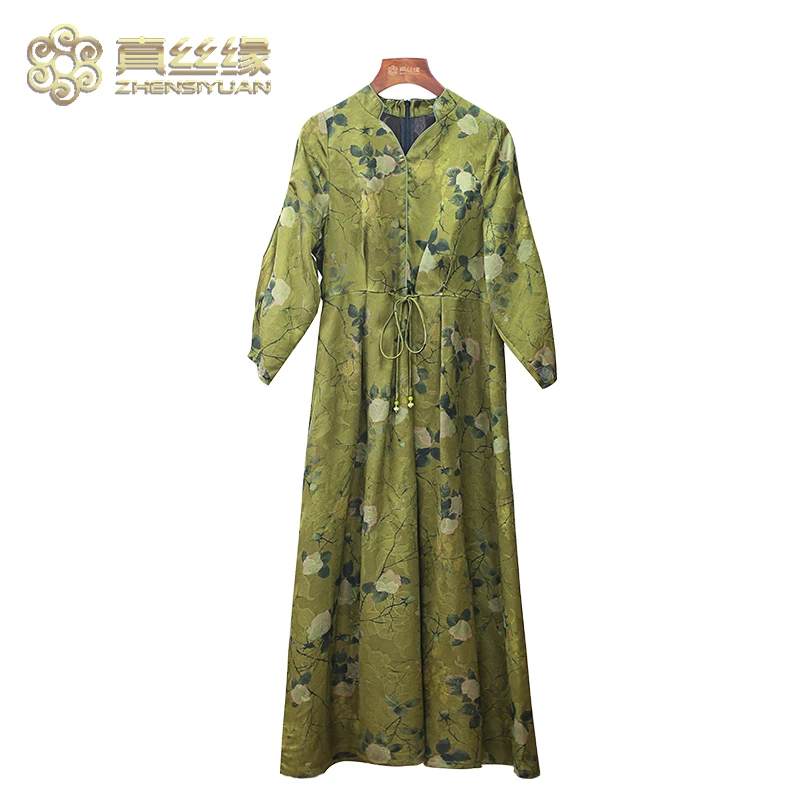 <真丝缘>青茶 80761香云纱新中式中国风拼接连衣裙 真丝裙