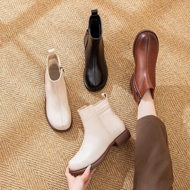 89569春秋新款2025妈妈鞋防滑女靴休闲舒适复古平底中老年圆头靴