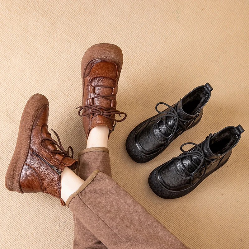 2155秋冬新款复古气质时尚百搭皮靴软底软面防滑耐磨中老年女短靴