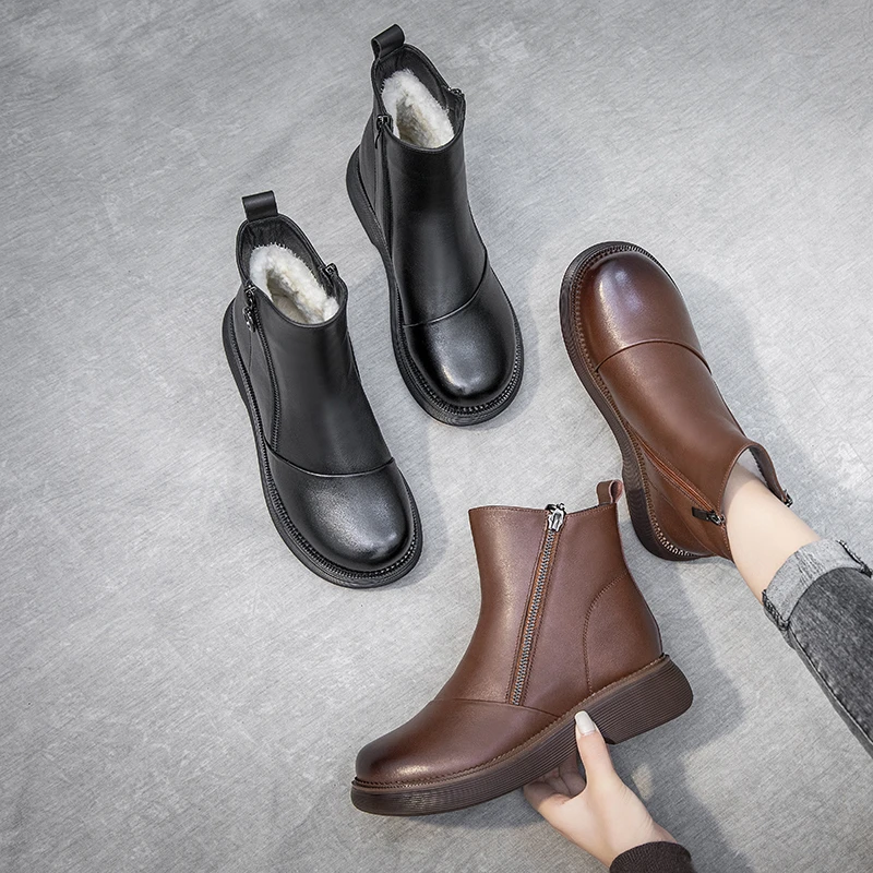 21863加绒真皮冬季平底保暖软底妈妈鞋中老年舒适秋冬厚底防滑