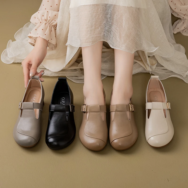 23810复古气质百搭真皮软底单鞋舒适防滑耐磨粗跟圆头中年妈妈鞋