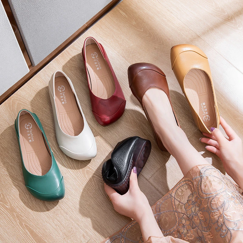 9572-2舒适轻便防滑耐磨真皮软底软面圆头单鞋浅口套脚中年妈妈鞋