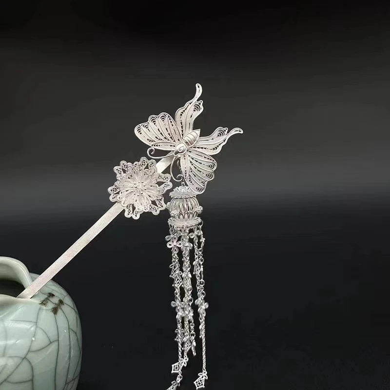 足银银制品 [银喜生]足银银制品国风中式蝶恋花灯笼发簪