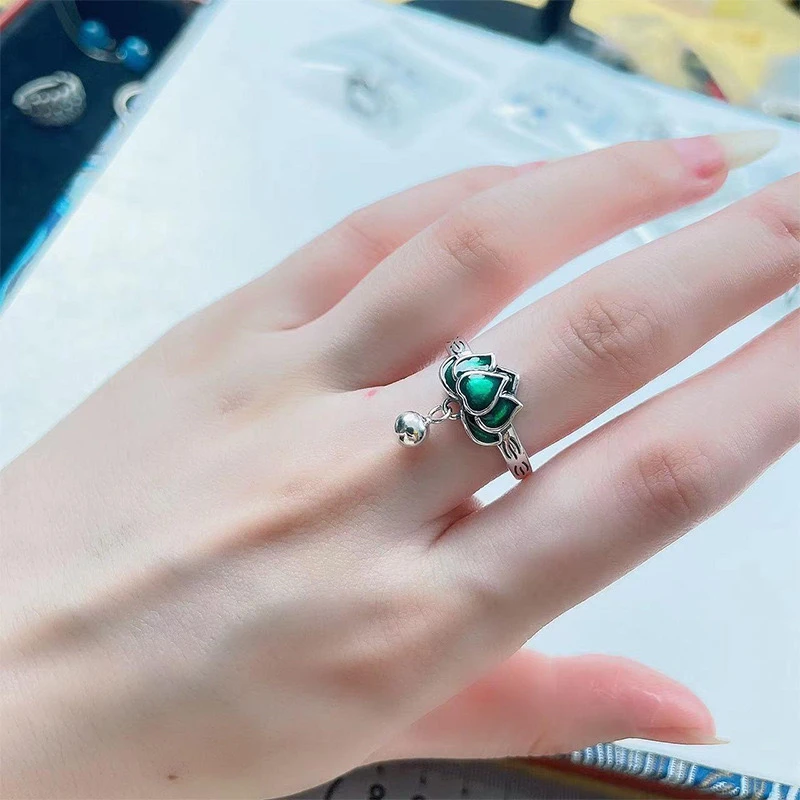 925银珐琅戒指 【银喜生】足银纯银实心法郎彩荷花开口戒指