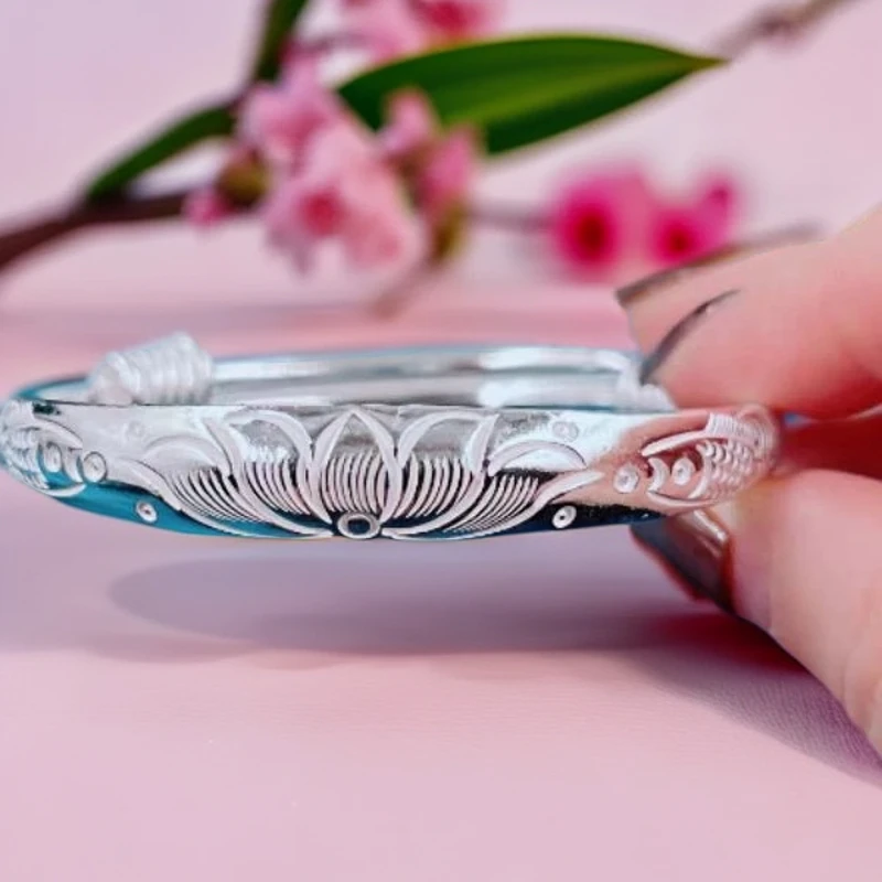 足银手镯 [银喜生]足银手工鱼戏莲花手镯