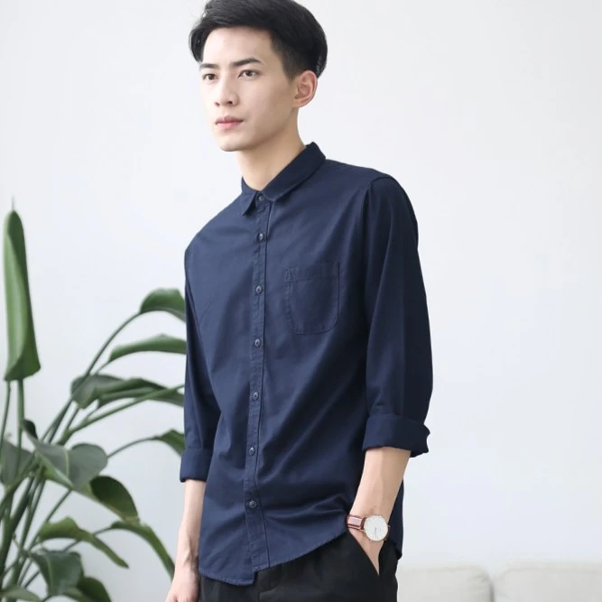 秋季 纯棉衬衫打底衫修身款瘦小款男士衬衣纯色学生小清新