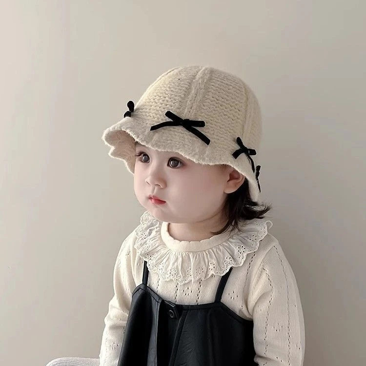 韩国甜美蝴蝶结女童帽子秋冬季保暖防风针织渔夫帽女宝宝毛线盆帽