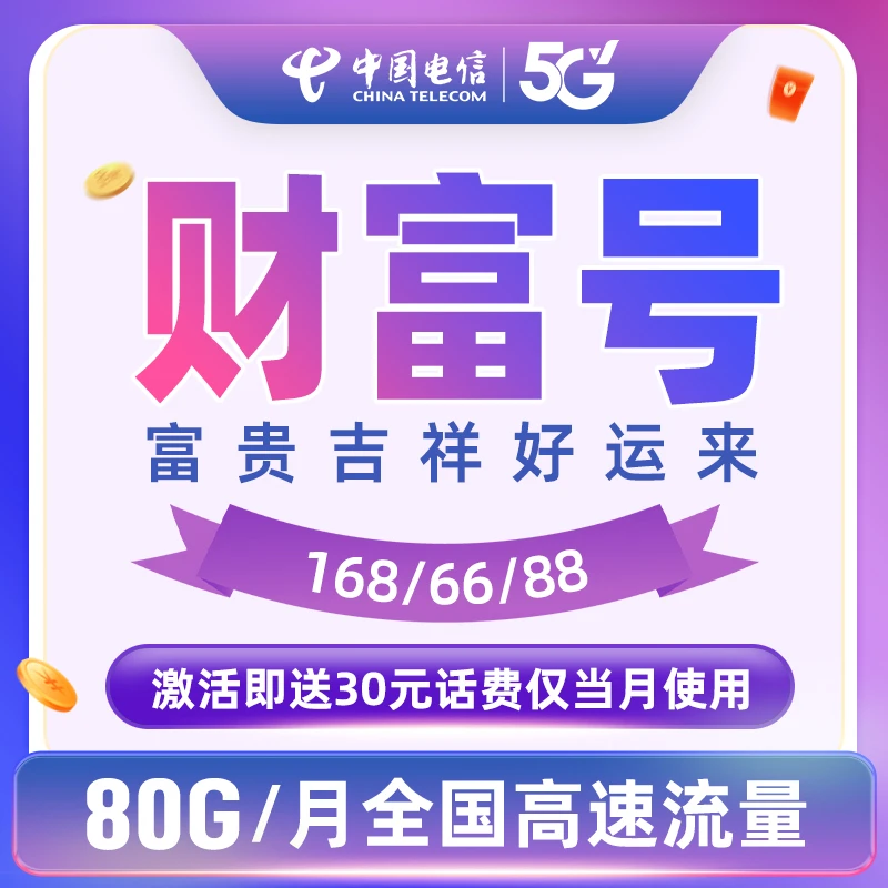 【财富号1】湖南电信星卡月享80GB流量财富上网卡密儿
