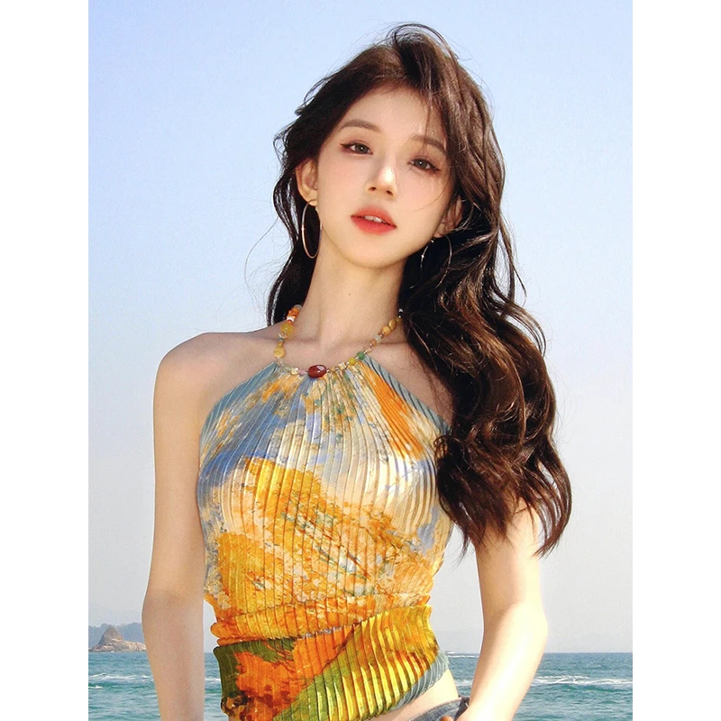 小众设计感印花露肩挂脖背心女2024新款夏季百搭气质收腰短款上衣