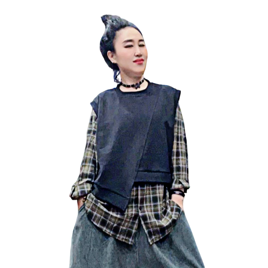 2025春季新款韩版宽松假两件长袖格子时尚舒适百搭单排扣衬衫