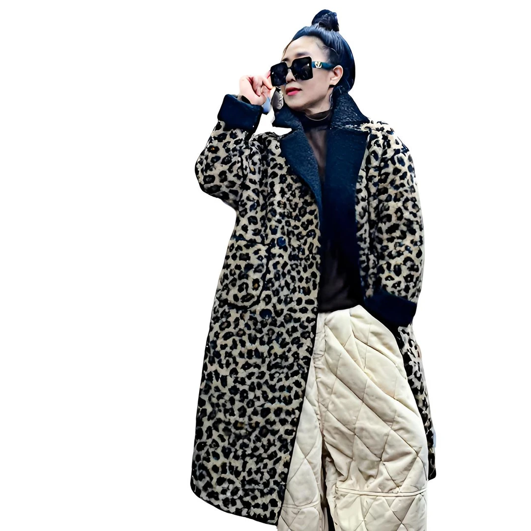 2024冬季新款复古独特羊羔毛印花时尚宽松休闲豹纹格纹加厚风衣