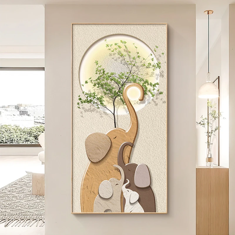 现代简约入户玄关装饰画奶油风大象走廊过道挂画绿植竖版进门壁画