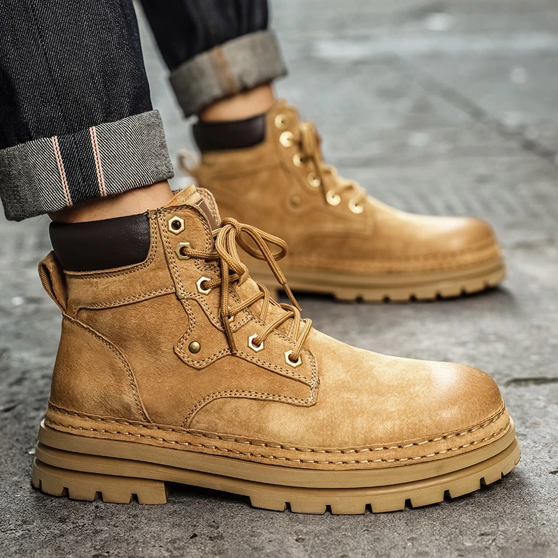 策尊大黄靴男靴子秋季新款真皮马丁靴男款男士厚底增高耐磨工装鞋