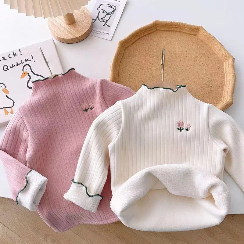 冬装女童洋气女童打底衫秋冬宝宝百搭加绒上衣儿童加厚保暖T恤