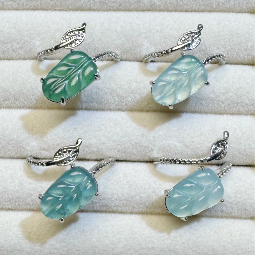 天然翡翠A货叶子戒指（多样性发其一精美）高冰气质时尚可调节戒指